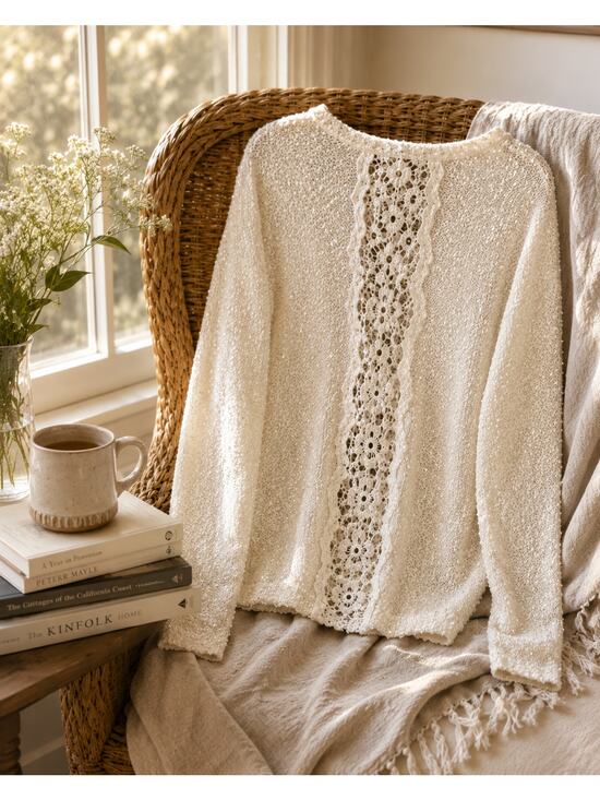 Aeropostale Sweaters - Aeropostale Cream Bouclé Lace Back Sweater Large